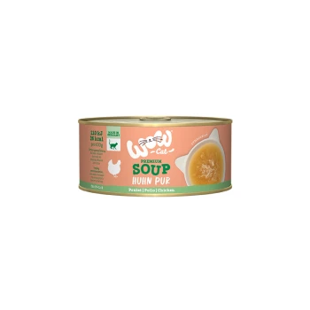 Dose von "Woo-Cat Premium Soup Huhn Pur" für Katzen, mit einem Hühnergeschmack, mit Nährwertangaben: 110 kJ, 26 kcal pro 100g.