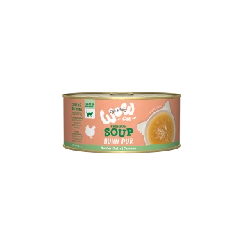 Dose von "Woo-Cat Premium Soup Huhn Pur" für Katzen, mit einem Hühnergeschmack, mit Nährwertangaben: 110 kJ, 26 kcal pro 100g.