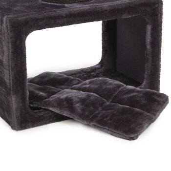 Ein plüschiges, dunkelgraues Haustierbett mit einem gemütlichen, gesteppten Kissen und einem offenen Cubby-Design, ideal für kleine Haustiere zum Ausruhen und Spielen.