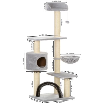 Grauer Katzenbaum mit mehreren Ebenen, Kratzpfosten, einem gemütlichen Versteck und einem hängenden Spielzeug, mit detaillierten Maßen.
