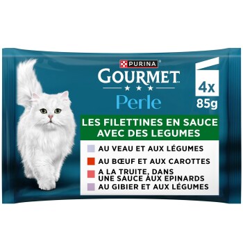 Pack Purina Gourmet Perle 4x85 g pour chat, chat blanc à poil long, étiqueté «Les filettines en sauce avec des légumes»