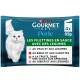 Pack Purina Gourmet Perle 4x85 g pour chat, chat blanc à poil long, étiqueté «Les filettines en sauce avec des légumes»