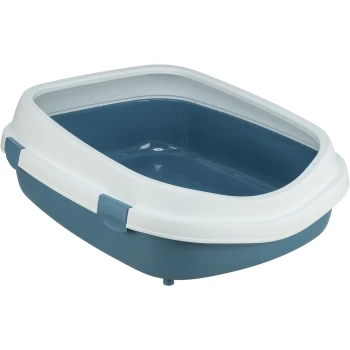 Toilettes pour chat Primo XXL, avec rebord Une litière pour chats bleue et blanche avec un dos haut et un devant bas pour un accès facile, conçue pour l'hygiène des animaux de compagnie.