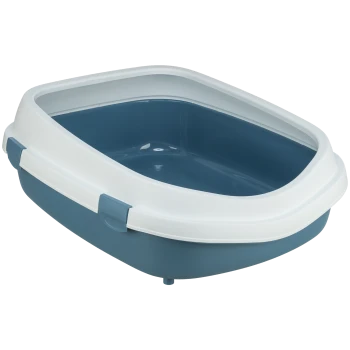 Eine blaue und weiße Katzentoilette mit hohem Rücken und niedrigem Vorderteil für einfachen Zugang, entworfen für die Hygiene von Haustieren.