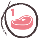 Illustration eines rosa Fleischsteaks mit der Zahl "1" darüber, umgeben von einem kreisförmigen Pinselstrich.