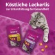 Eine graue getigerte Katze greift nach zwei Whiskas-Leckerlipackungen auf einer rosa Oberfläche, beschriftet mit 'Pflegen & Umsorgen' und 'Entspannen & Ausruhen.'