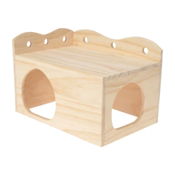 Cachette en bois pour animaux de compagnie avec deux ouvertures et un dessus plat, conçue pour que les petits animaux jouent et se reposent.