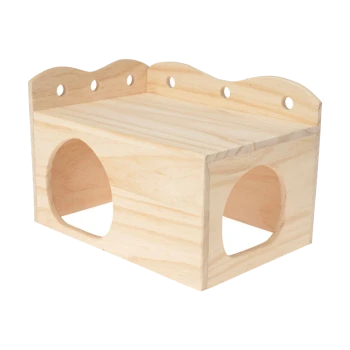 Cachette en bois pour animaux de compagnie avec deux ouvertures et un dessus plat, conçue pour que les petits animaux jouent et se reposent.