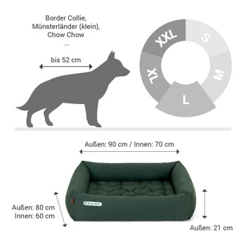 Maßstab und Größenleitfaden für Hundebetten für Rassen wie Border Collie und Chow Chow; zeigt externe und interne Maße in cm.