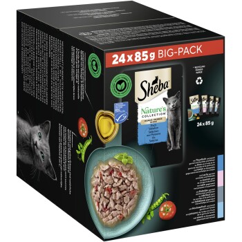 Sheba Nature's Collection Katzenfutter große Packung, mit 24 x 85g Beuteln in Sauce, mit einem herzförmigen Teller mit Fleisch und Gemüse.