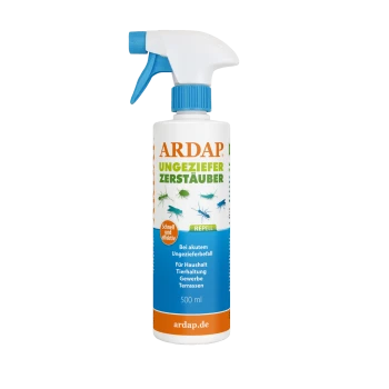 500 ml ARDAP Insektenschutzspray-Flasche mit bunten Insektengrafiken und dem Text "Schnell und effektiv."
