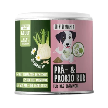 Grüner und pinker Behälter, beschriftet mit "Tierliebhaber Prä & Probio Kur für Hunde", mit haustierbezogenen Grafiken und natürlichen Zutaten.