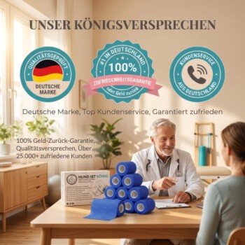Eine Frau in einem weißen Shirt und schwarzen Leggings legt blaue Verbände an die Beine eines Pferdes in einem Stall an. Text oben: "EINFACHES ABROLLEN & WICKELN."
