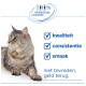 Grijze gestreepte kat links; blauwe vinkjes: kwaliteit, consistentie, smaak. 100% tevredenheidsgarantie — niet tevreden, geld terug.