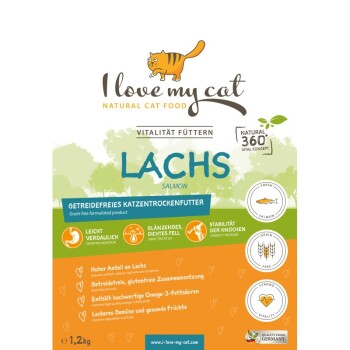 Verpackung für natürliches Katzenfutter für "Ich liebe meine Katze", das Lachs als Hauptzutat zeigt und Vorteile für Verdauung und Fell hervorhebt.