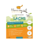 Verpackung für natürliches Katzenfutter für "Ich liebe meine Katze", das Lachs als Hauptzutat zeigt und Vorteile für Verdauung und Fell hervorhebt.