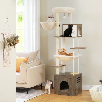 75" moderner großer Katzenbaum mit mehreren Plattformen und Katzen in einem gemütlichen Wohnzimmer, Text „Wunderbares Schloss für Ihre Haustiere!“