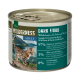 Dosenkatzenfutter mit der Aufschrift 'Wilderness Dark Fjord', das ein Rezept mit Wildschwein und Ente zeigt, mit 97% Fleischgehalt, 3% Früchten und 0% Getreide.