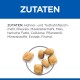 Haustierfutter-Kibble auf einem weißen Hintergrund, mit dem Wort "ZUTATEN" oben, das die Zutaten auf Deutsch auflistet.