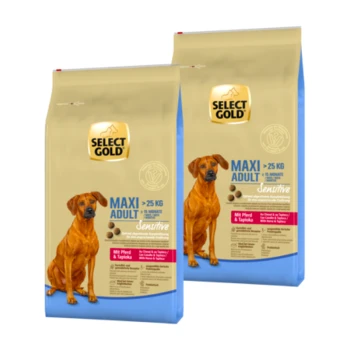 Sensitive Adult Maxi Pferd und Tapioka 2x12 kg Zwei Tüten Select Gold Hundefutter mit der Aufschrift "Maxi Adult" für Hunde über 25 kg, mit einem braunen Hund auf der Verpackung.