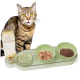 Getigerte Katze neben einem grünen Futternapf mit zwei Futterschalen und einem Wasserspender auf weißem Hintergrund.