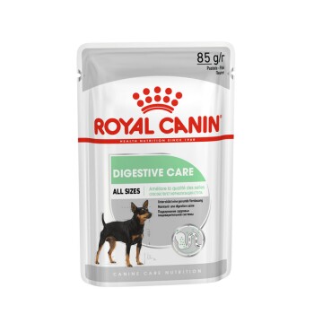 Royal Canin Digestive Care Hundefutterbeutel, 85g, mit einer kleinen Hundillustration und Text in mehreren Sprachen über die Verdauungsgesundheit.