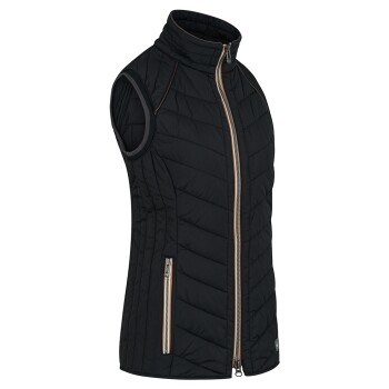 Schwarze ärmellose Steppweste mit hohem Kragen und zwei seitlichen Reißverschlusstaschen, mit einem gesteppten Design und kontrastierendem Reißverschluss.