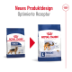 Bild, das zwei Hundefutterpackungen von Royal Canin vergleicht, wobei das neue Produktdesign und das optimierte Rezept für Hundefutter "Maxi Adult" hervorgehoben werden.