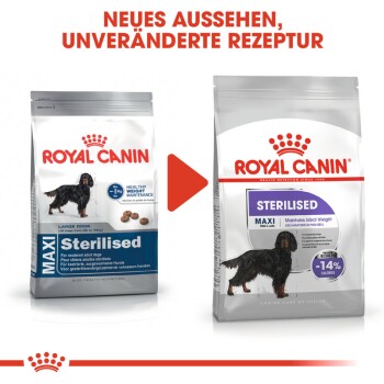Zwei Royal Canin Hundefutterbeutel mit neuem Design, mit "Hält ideales Gewicht" und "-14% KALORIEN." Text auf Deutsch.
