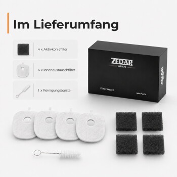 Im Lieferumfang: ZEDAR WF600 Filterset – schwarze Box, 4 weiße Ionenaustauscher-Pads, 4 schwarze Aktivkohleschwämme, Reinigungsbürste.