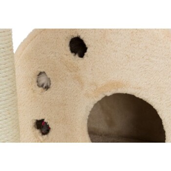Ein plüschiger, beiger Kratzbaum mit mehreren Löchern zum Spielen, mit einem großen Eingang und kleineren Gucklöchern, ideal für Katzenvergnügen.