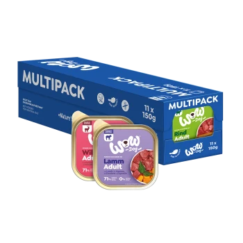 Multipack Wow Dog Nassfutter für Hunde, 11 Dosen à 150g, Geschmacksrichtungen Lamm Adult und Wild Adult, hergestellt in Österreich.