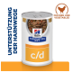 Hill's Prescription Diet c/d Nassfutter für Katzen mit Huhn und Gemüse, mit dem Text "Unterstützung der Harnwege."