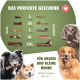 Geweih-Größentabelle S–XXL ganz/halb, Hunde halten Kausnacks; sichtbarer Text: „Das perfekte Geschenk“ & „Für große und kleine Hunde“