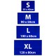 Vier blaue Haustiermatten in den Größen S (50x40cm), M (90x50cm), L (100x60cm) und XL (120x80cm) mit fettem weißen Text.