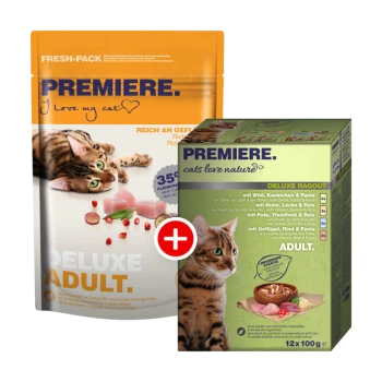 Verpackung für Katzenfutter von Premiere mit einer getigerten Katze, mit einem frischen Beutel mit der Aufschrift 'Deluxe Adult' und einer Schachtel mit der Aufschrift 'Deluxe Ragout.'