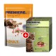 Verpackung für Katzenfutter von Premiere mit einer getigerten Katze, mit einem frischen Beutel mit der Aufschrift 'Deluxe Adult' und einer Schachtel mit der Aufschrift 'Deluxe Ragout.'
