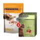 Verpackung für Katzenfutter von Premiere mit einer getigerten Katze, mit einem frischen Beutel mit der Aufschrift 'Deluxe Adult' und einer Schachtel mit der Aufschrift 'Deluxe Ragout.'