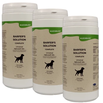 Behälter mit "BARFER'S SOLUTION COMPLETE" Hundenahrungsmittel-Mix, 1000g, mit einer Silhouette eines Hundes und mehrsprachigem Text.