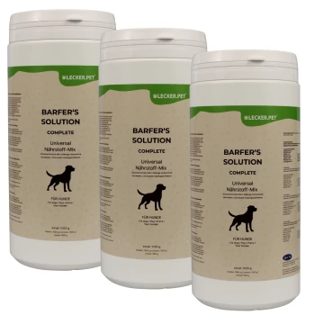 Behälter mit "BARFER'S SOLUTION COMPLETE" Hundenahrungsmittel-Mix, 1000g, mit einer Silhouette eines Hundes und mehrsprachigem Text.