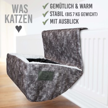 Ein gemütliches Katzenbett hängt von einem Heizkörper, mit einem weichen Innenraum, "kanaluna"-Label und unterstützt bis zu 7 kg für eine großartige Aussicht.