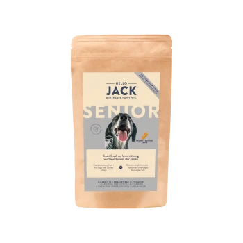 Friandises Hello Jack Senior pour chiens de plus de 7 ans, goût beurre de cacahuète, avec L-Carnitine, prébiotiques et vitamines B.