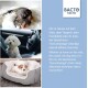 Eine getigerte Katze auf einer flauschigen Decke, ein kleiner Hund im Auto und ein Hund im Bett, neben BactoFacto's "Geruchsstopp" Geruchsentferner.