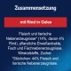 Zusammensetzung mit Rind in Gelee: 14% Fleisch und tierische Nebenprodukte, 4% Rind, pflanzliche Eiweißextrakte, Fisch, Mineralstoffe.