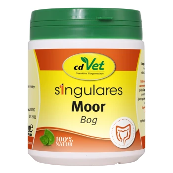 Behälter mit cdVet s'ingulares Moor (Moos) Haustierergänzung, mit einem grünen Deckel und einem gelben Etikett mit dem Text "100% NATUR".