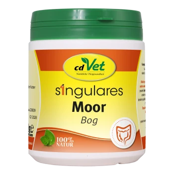 Behälter mit cdVet s'ingulares Moor (Moos) Haustierergänzung, mit einem grünen Deckel und einem gelben Etikett mit dem Text "100% NATUR".