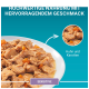 Hundefutter mit Huhn und Karotten auf weißem Teller, beschriftet mit "Hochwertige Nahrung" und "SENSITIVE".