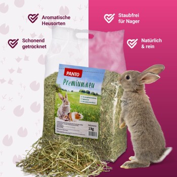 PANTO Premium Heu-Beutel für Kleintiere, mit einem Kaninchen und einem Meerschweinchen, hebt aromatische, staubfreie, reine und schonend getrocknete Vorteile hervor.