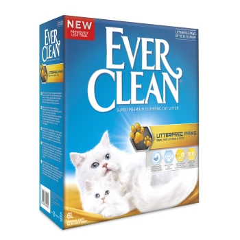 LitterFree Paws Katzenstreu 6 l Ever Clean super premium klumpende Katzenstreu mit zwei weißen Katzen, mit Text, der 'NEW' und 'Litterfree Paws' hervorhebt.