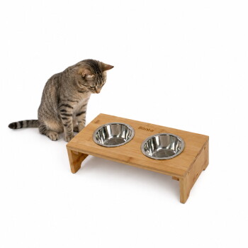 Getigerte Katze sitzt neben einem erhöhten doppelten Bambus-Futterspender mit zwei Edelstahlschalen und 'lionto'-Logo.